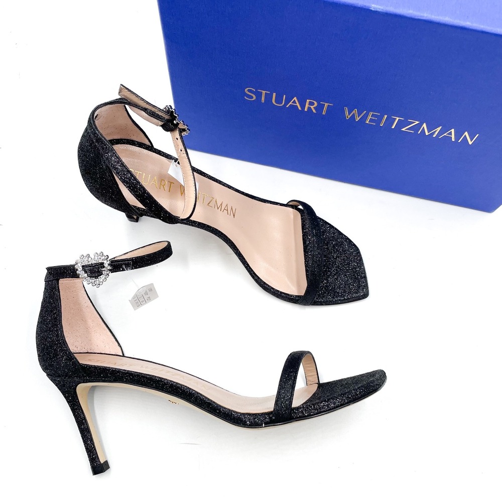 Stuart Weitzman Amelina 75 Heart Sandals Black Glitter Crystal Buckle Heels 7.5